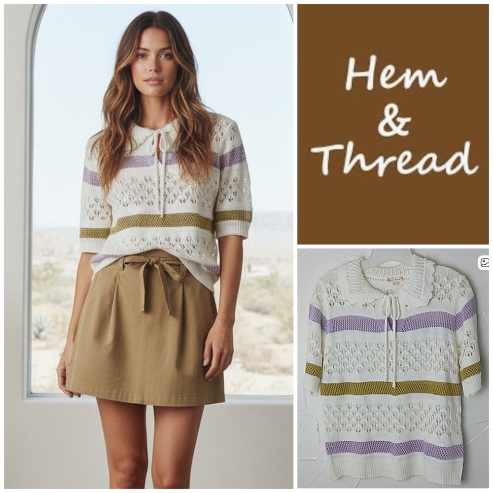 NWOT Hem & Thread Textured Knit Top with Purple and Tan Accents
